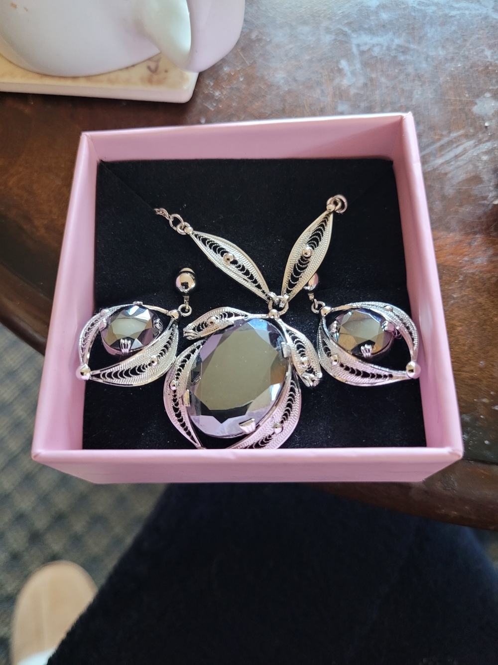 Sorrento Silver Filigree Necklace with Hematite Pendant, Vintage Women's Jewelry